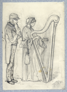 32792 Afbeelding van een fluitspelende man en een harpspelende vrouw tijdens een kermis te Utrecht.
